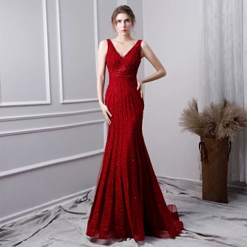Luxury Gorgeous Burgundy Handmade Beading Evening Dresses 2019 Trumpet Mermaid V Neck Crystal Lace Flower Sequins Sleeveless Sweep Train Formal Dresses