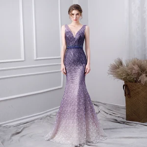 Charming Gradient Color Purple Evening Dresses 2019 Trumpet Mermaid V Neck Beading Crystal Lace Flower Rhinestone Sleeveless Backless Sash Floor Length Long Formal Dresses