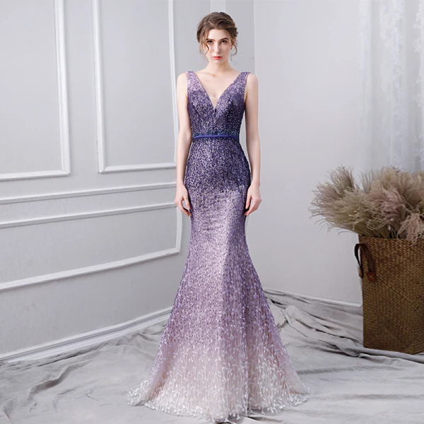Charmant Dégradé De Couleur Violet Robe De Soirée 2019 Trompette / Sirène V-Cou Perlage Cristal En Dentelle Fleur Faux Diamant Sans Manches Dos Nu Ceinture Longue Robe De Ceremonie