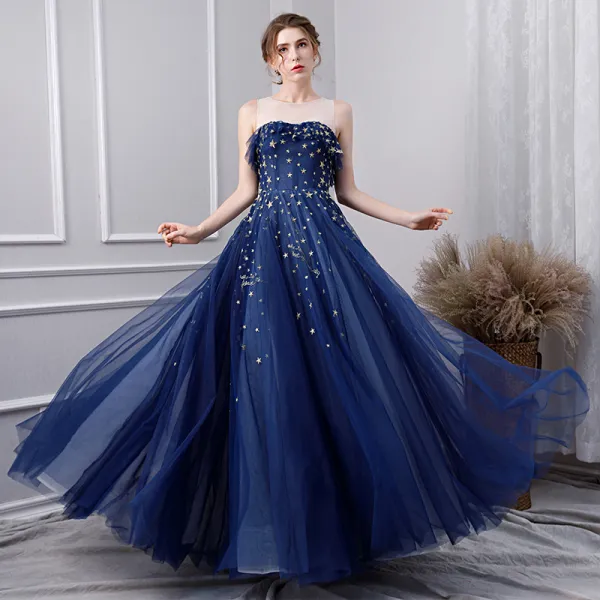 Moderne / Mode Bleu Marine Robe De Bal 2019 Princesse Encolure Dégagée En Dentelle Étoile Sans Manches Dos Nu Longue Robe De Ceremonie