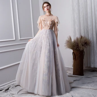 Elegant Grey Prom Dresses 2019 A Line Princess Beading High Neck Pearl Crystal Lace Flower Sequins Short Sleeve Floor Length Long Formal Dresses