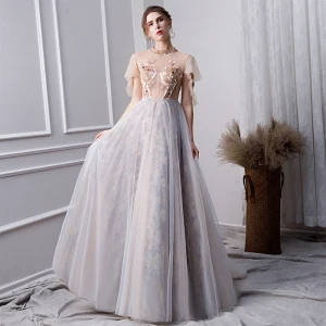 Eleganckie Szary Sukienki Na Bal 2019 Princessa Frezowanie Wysokiej Szyi Perła Kryształ Z Koronki Kwiat Cekiny Kótkie Rękawy Długie Sukienki Wizytowe