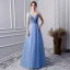 Chic / Beautiful Sky Blue Handmade  Beading Prom Dresses 2019 A-Line / Princess V-Neck Pearl Rhinestone Sequins Sleeveless Backless Floor-Length / Long Formal Dresses