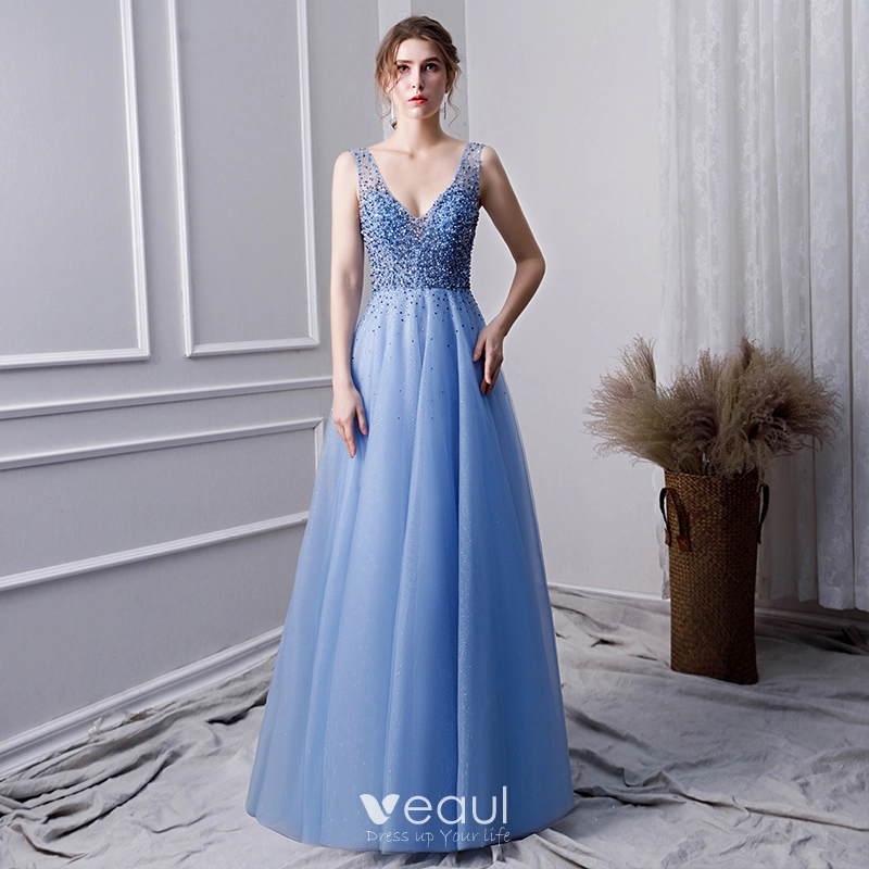 Chic Beautiful Sky Blue Handmade Beading Prom Dresses 2019 A Line Princess V Neck Pearl Rhinestone Sequins Sleeveless Backless Floor Length Long Formal Dresses