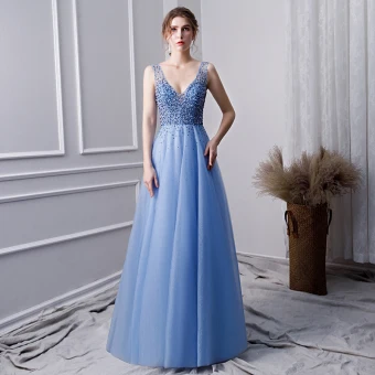 Chic Belle Bleu Ciel Fait Main Perlage Robe De Bal 2019 Princesse V Cou Perle Faux Diamant Paillettes Sans Manches Dos Nu Longue Robe De Ceremonie