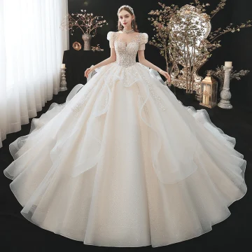 Fabulous Charming Champagne Cascading Ruffles Wedding Dresses 2021 Ball Gown High Neck Beading Sequins Appliques Short Sleeve Backless Royal Train Wedding