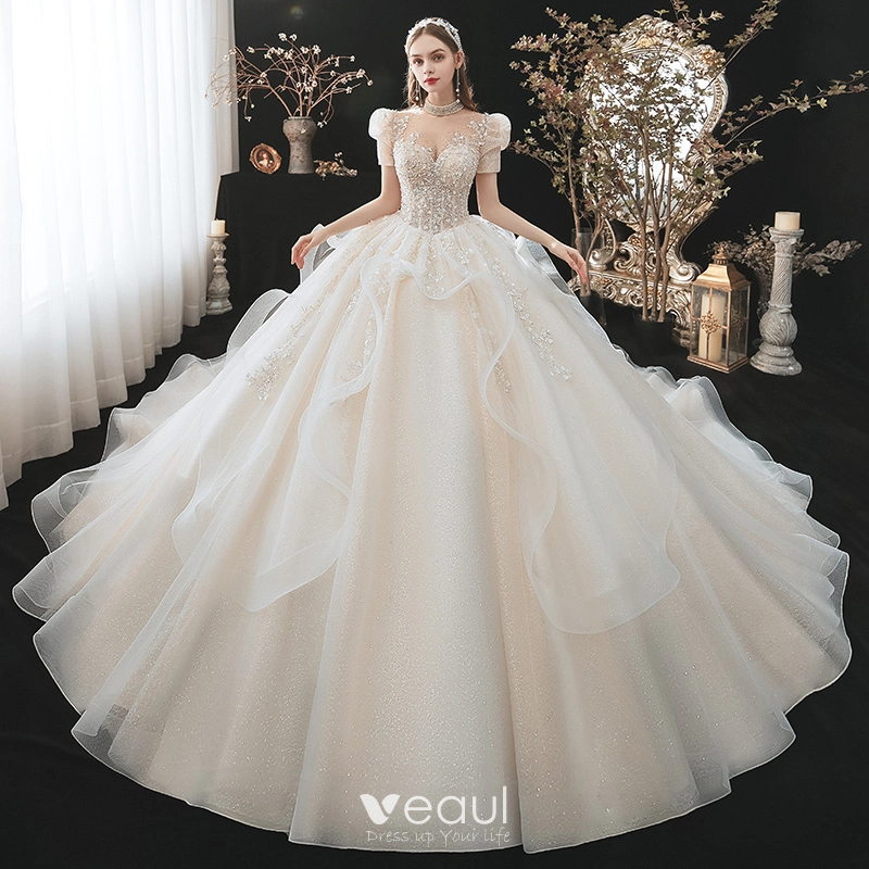 Ruffles Tulle High Neck Beading Short Sleeve Wedding Dress