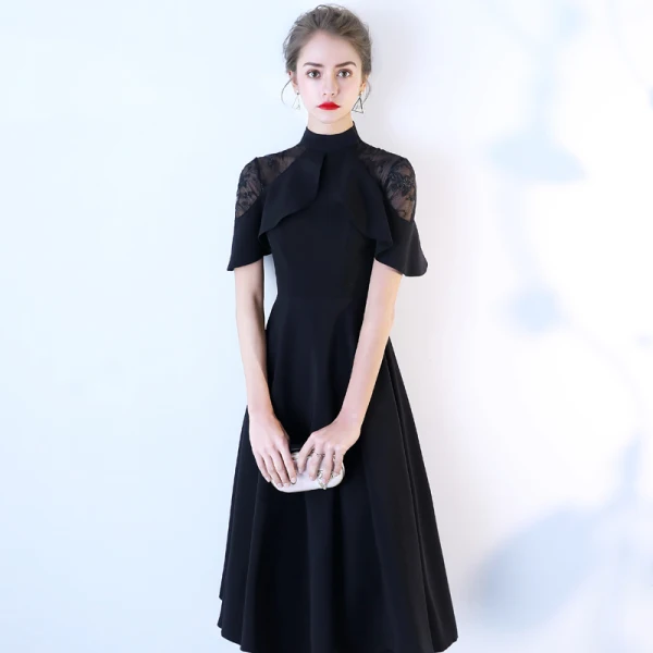 Chic / Beautiful Black Homecoming Graduation Dresses 2018 A-Line / Princess High Neck Short Sleeve Tea-length Chic / Beautiful Black Homecoming Graduation Dresses 2018 A-Line / Princess High Neck Short Sleeve Tea-length