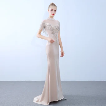 Elegante Champagne Avondjurken 2019 Trompet Zeemeermin Hoge Kraag Kralen Kwast Parel Appliques Kant Bloem Korte Mouwen Sweep Trein Gelegenheid Jurken