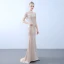 Élégant Champagne Robe De Soirée 2019 Trompette / Sirène Col Haut Perlage Gland Perle Appliques En Dentelle Fleur Manches Courtes Train De Balayage Robe De Ceremonie