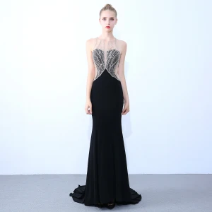 Sexy Black Evening Dresses 2019 Trumpet Mermaid Scoop Neck Beading Sequins Rhinestone Sleeveless Backless Sweep Train Formal Dresses
