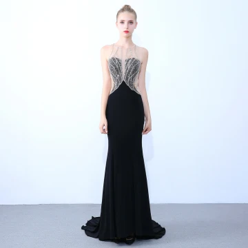 Sexy Black Evening Dresses 2019 Trumpet Mermaid Scoop Neck Beading Sequins Rhinestone Sleeveless Backless Sweep Train Formal Dresses
