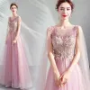 Elegant Candy Pink Formal Dresses 2019 A-Line / Princess Scoop Neck Lace Flower Crystal Short Sleeve Backless Floor-Length / Long Prom Dresses