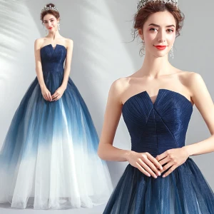 Chic Belle Bleu Marine Dégradé De Couleur Robe De Soirée 2019 Princesse Bustier Sans Manches Dos Nu Longue Robe De Ceremonie