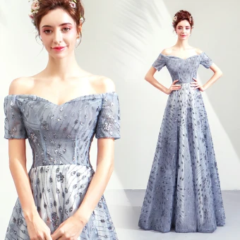 Élégant Argenté Robe De Soirée 2019 Princesse De L Épaule Glitter Tulle Paillettes Manches Courtes Dos Nu Longue Robe De Ceremonie