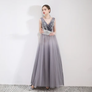 Elegant Grey Evening Dresses 2019 A Line Princess V Neck Crystal Lace Flower Sleeveless Backless Floor Length Long Formal Dresses