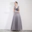 Elegant Grey Evening Dresses  2019 A-Line / Princess V-Neck Crystal Lace Flower Sleeveless Backless Floor-Length / Long Formal Dresses