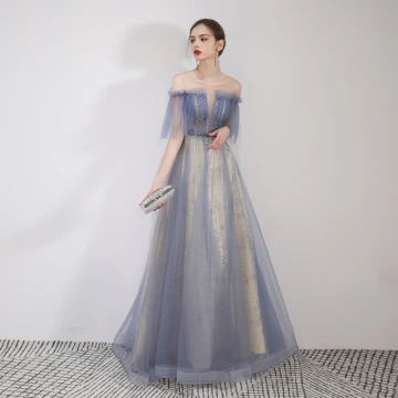 Élégant Bleu Ciel Robe De Soirée 2019 Princesse De L Épaule Perlage En Dentelle Fleur Paillettes Manches Courtes Dos Nu Longue Robe De Ceremonie