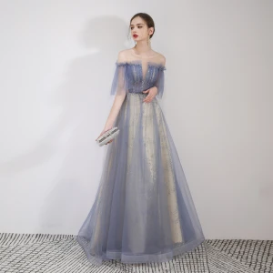 Elegant Sky Blue Evening Dresses 2019 A Line Princess Off The Shoulder Beading Lace Flower Sequins Short Sleeve Backless Floor Length Long Formal Dresses