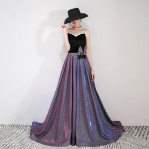 Charming Purple Starry Sky Evening Dresses 2019 A Line Princess Suede Strapless Glitter Polyester Appliques Sleeveless Backless Sweep Train Formal Dresses