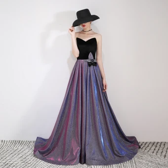 Charmant Violet Ciel Étoilé Robe De Soirée 2019 Princesse Daim Bustier Glitter Polyester Appliques Sans Manches Dos Nu Train De Balayage Robe De Ceremonie