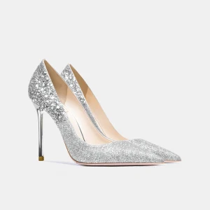 Scintillantes Argenté Chaussure De Mariée 2021 Cuir Paillettes 10 Cm Talons Aiguilles À Bout Pointu Mariage Escarpins Talons Hauts