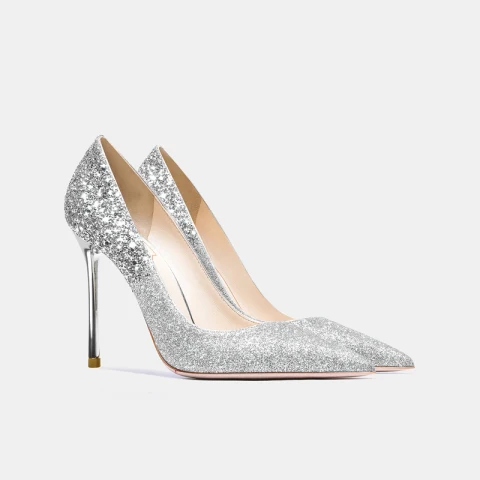 Sparkly Silver Wedding Shoes 2021 Leather Sequins 10 cm Stiletto Heels Pointed Toe Wedding Pumps High Heels