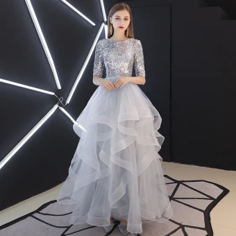 Scintillantes Argenté Robe De Soirée 2019 Princesse Encolure Dégagée Paillettes 1 2 Manches Dos Nu Volants En Cascade Longue Robe De Ceremonie