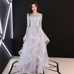Elegant Grey Evening Dresses 2019 A Line Princess Scoop Neck Bow Lace Flower 1 2 Sleeves Backless Cascading Ruffles Floor Length Long Formal Dresses