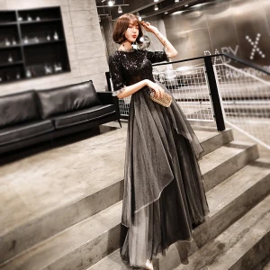 Charming Black Evening Dresses 2019 A Line Princess Scoop Neck Sequins 1 2 Sleeves Floor Length Long Formal Dresses