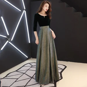 Elegant Black Evening Dresses 2019 A Line Princess Suede Scoop Neck Glitter Polyester 3 4 Sleeve Floor Length Long Formal Dresses