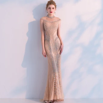 Lyx Champagne Handgjort Beading Aftonklänningar 2019 Trumpet Sjöjungfru Hög Hals Kristall Rhinestone Ärmlös Långa Formella Klänningar
