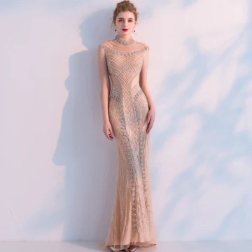 Luxury Gorgeous Champagne Handmade Beading Evening Dresses 2019 Trumpet Mermaid High Neck Crystal Rhinestone Sleeveless Floor Length Long Formal Dresses