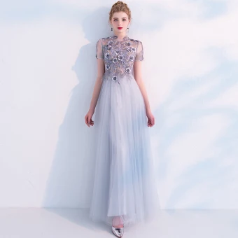 Elegant Grey Prom Dresses 2019 A Line Princess High Neck See Through Lace Flower Appliques Pearl Short Sleeve Floor Length Long Formal Dresses