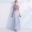 Elegant Grey Prom Dresses 2019 A-Line / Princess High Neck See-through Lace Flower Appliques Pearl Short Sleeve Floor-Length / Long Formal Dresses