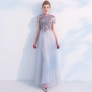 Elegant Grey Prom Dresses 2019 A Line Princess High Neck See Through Lace Flower Appliques Pearl Short Sleeve Floor Length Long Formal Dresses