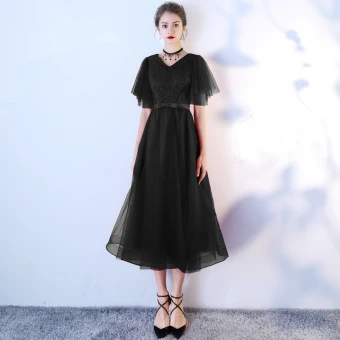Fine Svart Homecoming Graduation Kjoler 2019 Prinsesse V Hals Sløyfe Blonder Blomst Korte Ermer Te Lengde Formelle Kjoler