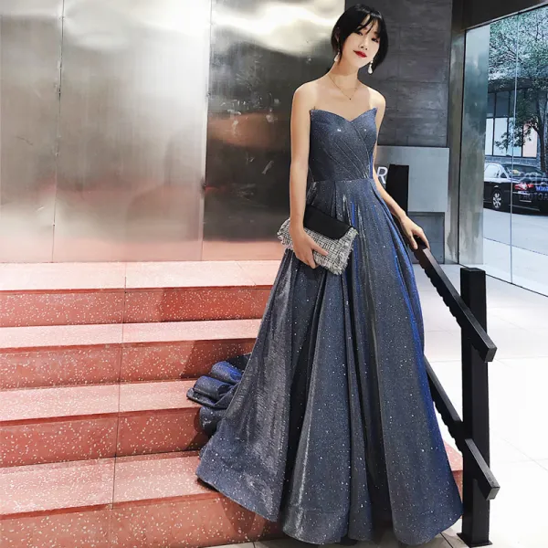 Charming Ocean Blue Evening Dresses  2019 A-Line / Princess Strapless Glitter Polyester Sleeveless Backless Sweep Train Formal Dresses