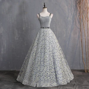 Élégant Gris Robe De Bal 2019 Princesse Daim Bretelles Spaghetti Glitter Étoile Sans Manches Dos Nu Longue Robe De Ceremonie