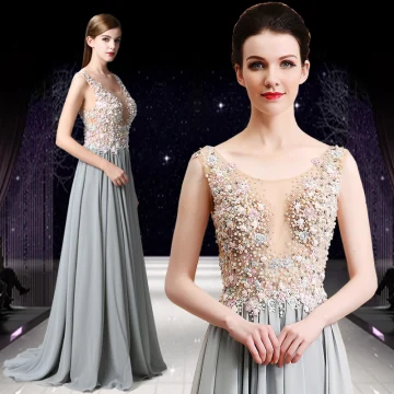 Élégant Gris Robe De Bal 2019 Princesse Encolure Dégagée Perlage Perle Faux Diamant Appliques En Dentelle Fleur Sans Manches Train De Balayage Robe De Ceremonie
