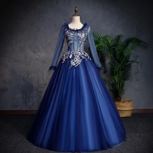 Élégant Bleu Marine Robe De Bal 2019 Princesse Encolure Dégagée En Dentelle Fleur Perle Manches Longues Dos Nu Longue Robe De Ceremonie