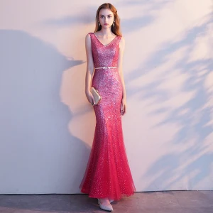 Charming Red Evening Dresses 2019 Trumpet Mermaid V Neck Glitter Tulle Sash Sleeveless Backless Floor Length Long Formal Dresses