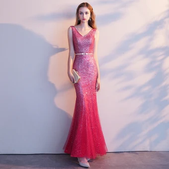 Charmant Rouge Robe De Soirée 2019 Trompette Sirène V Cou Glitter Tulle Ceinture Sans Manches Dos Nu Longue Robe De Ceremonie