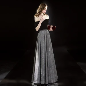 Élégant Noire Robe De Soirée 2019 Princesse Daim De L Épaule Glitter Polyester Manches Courtes Dos Nu Longue Robe De Ceremonie
