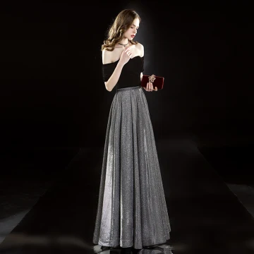 Eleganta Svarta Aftonklänningar 2019 Prinsessa Mocka Av Axeln Glittriga Glitter Polyester Korta Ärm Halterneck Långa Formella Klänningar