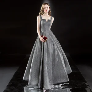 Scintillantes Argenté Robe De Soirée 2019 Princesse Encolure Carrée Glitter Polyester Sans Manches Dos Nu Longue Robe De Ceremonie