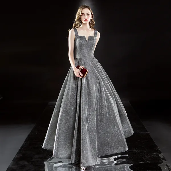 Sparkly Silver Evening Dresses  2019 A-Line / Princess Square Neckline Glitter Polyester Sleeveless Backless Floor-Length / Long Formal Dresses