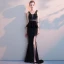 Sexy Noire Robe De Soirée 2019 Trompette / Sirène V-Cou Perlage Cristal Appliques Gland Sans Manches Dos Nu Asymétrique Robe De Ceremonie