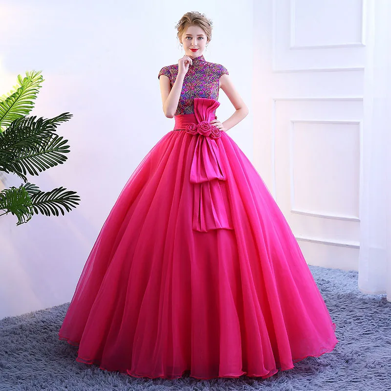 green emerald velvet dress Sparkly V-neck Fuchsia Tulle & Lace Long Prom Dresses with Beaded, Elegant  Evening Dresses,MP507 main image 1