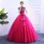 Vintage / Retro Fuchsia Prom Dresses 2019 Ball Gown High Neck Lace Flower Sequins Bow Short Sleeve Floor-Length / Long Formal Dresses